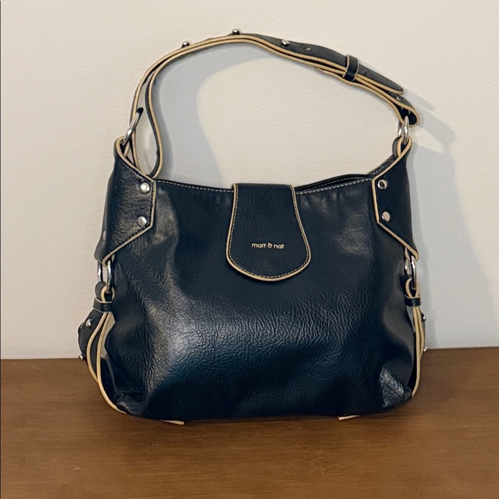 Matt & Nat Black Shoulder Bag with Cream Piping